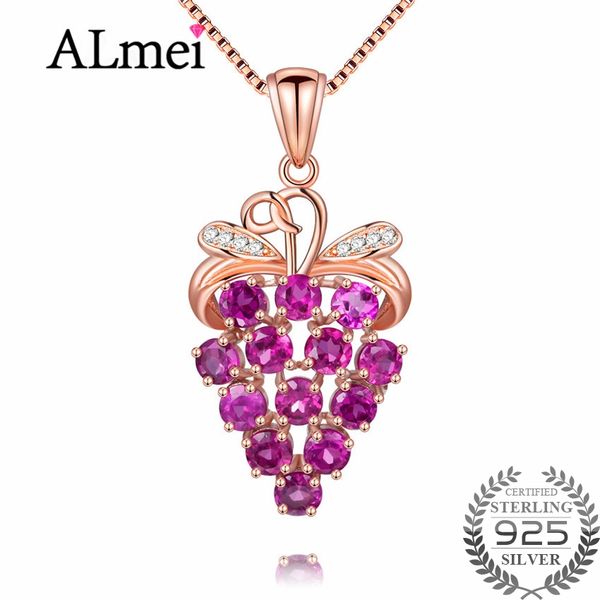 

almei 2.6ct ювелирные изделия пироп гранат природный кристалл винограда подвеска серебро 925 розовое золото цвет женщины ожерелье красоты с, Silver