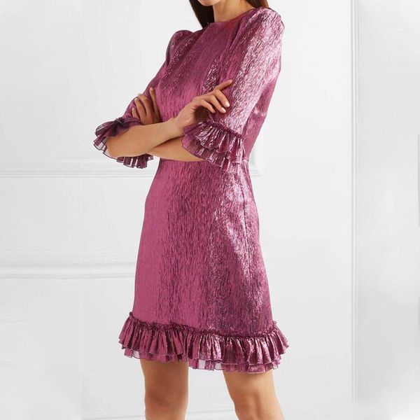 

womens dress casual fashion silk quality mixed shiny ruffle edge sleeve slim thin dress female, Black;gray