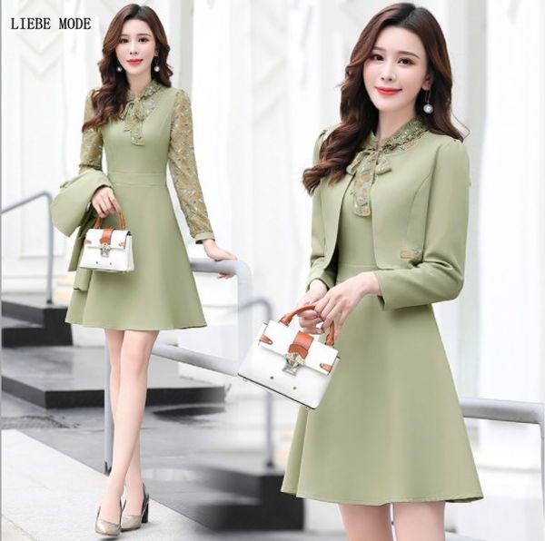 

ladies formal dress jackets suits for office wear blazer and dress 2 piece set outfit women with jacket pink yellow green, White;black