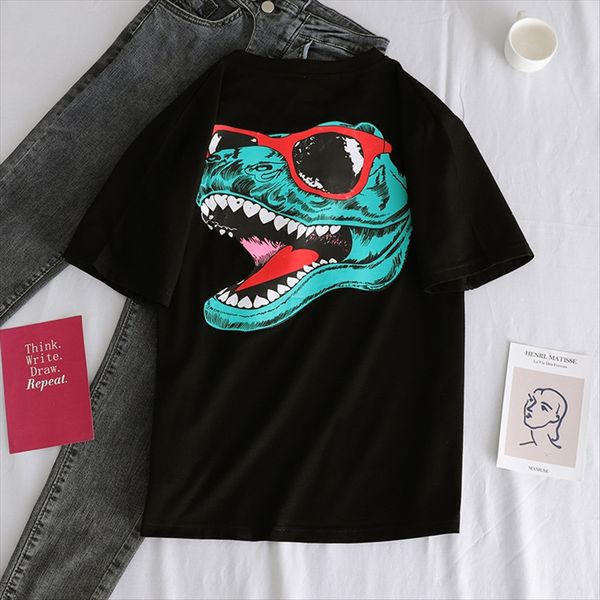 

2019 women's ins western short-sleeved t-shirt women's hong kong-style loose cartoon dark clothes and shorts and shorts tied cloth, White