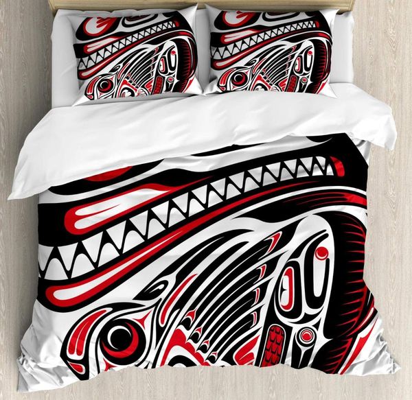 

племенной пододеяльник набор king size haida стиль animal art дикий этнический орел и убийца собака с острыми зубами печати постельных прина