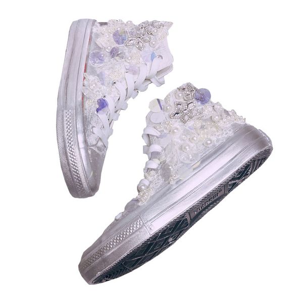 

european station heavy work female white shoes high help old retro canvas small handmade rhinestone lace flat shoes, Black