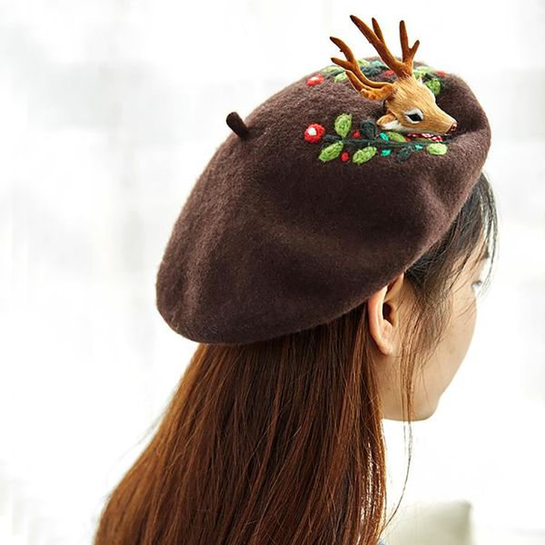 

warm handmade wool embroidered beret women christmas hat little doe women hat cute painter for holiday gift winter warm, Blue;gray