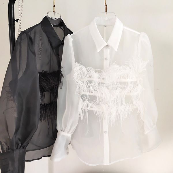 

2020 spring new romantic страуса меховой строчка отворотом органзы рубашка сплошной цвет женщины сыпучие blusas лучшие женские блузки, White