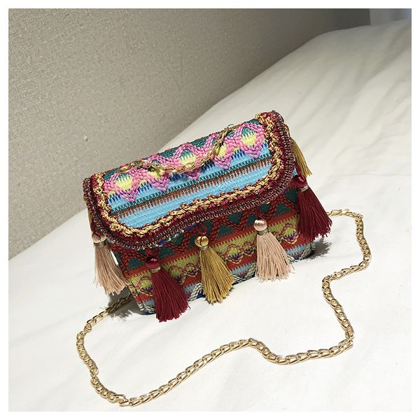 

лето новый вязаный ретро этнический стиль простое плетение кисточкой цепи маленькая квадратная сумка плечо сумка посыльного