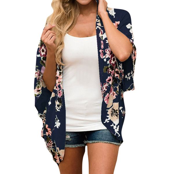 

feitong plus size women cardigan 2018 chiffon multiolor floral print half sleeve beach kimono cardigan shirts tunic coat, White