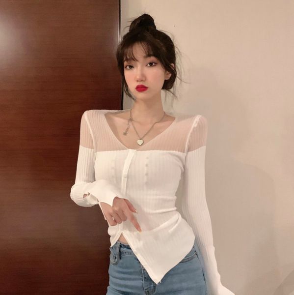 

женщины dressises 2020 нового корейского стиль sexy кружево v-образный вырез строчок полый из длинных рукавов свитера нерегулярного all-матч, White