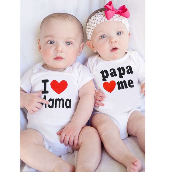 

i love mama papa love me matching twin clothes infant baby summer cotton letter print cute baby bodysuit, White