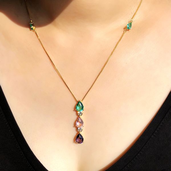 

multicolor water drop crystal zircon long pendant necklace for women gold color chain green stone unique party statement jewelry, Silver