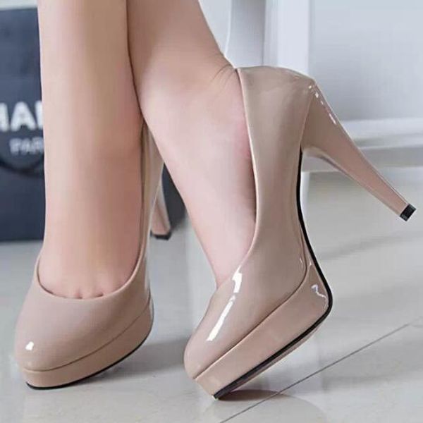 

fashion mature women pumps classic patent leather high heels shoes nude sharp head paltform wedding women dress shoes plus 34-42, Black