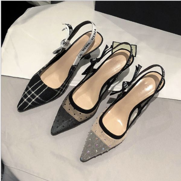 

new designer cat and baotou sandals women's shoes party mesh polka dot single shoes luxury designer bow sling high heel shoes, Black
