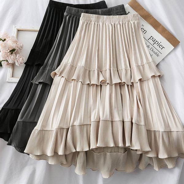 

lotus cake skirt women casual high waist elastic a-line long skirt sweet fashion maxi saias bottoms, Black