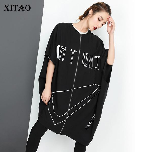 

xitao] korea fashion women 2019 summer o-neck short sleeve loose coat female irregular bat sleeved print letter trench wbb3050, Tan;black