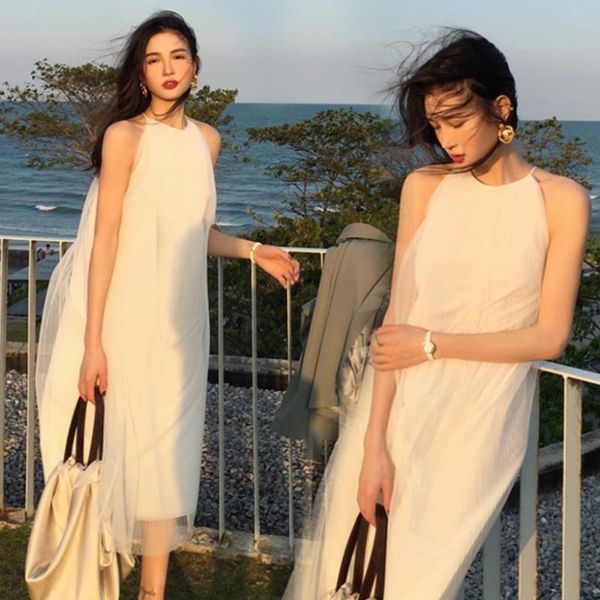 

afei tony sleeveless summer maternity clothes loose gauze dress plus size pregnanc dress elegant beach, White