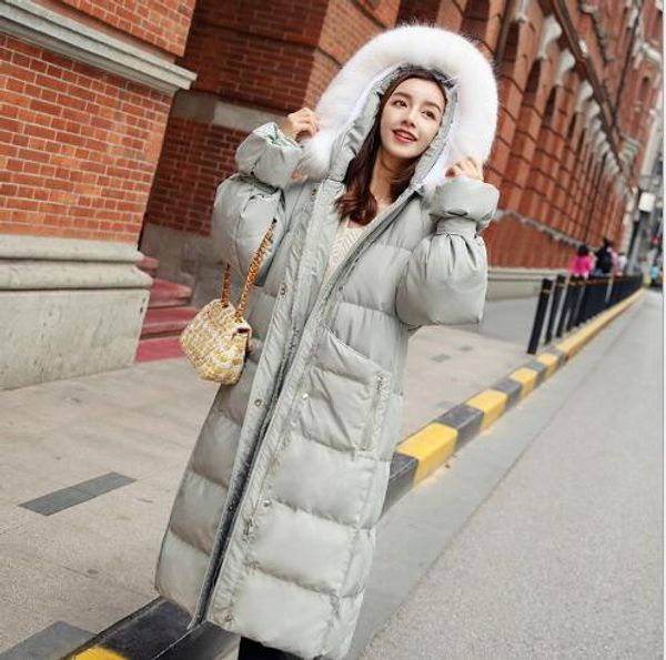 

winter down coat women long thickening white duck down snow jacket female fashion simplicity big fur collar warm quilted parka, Black