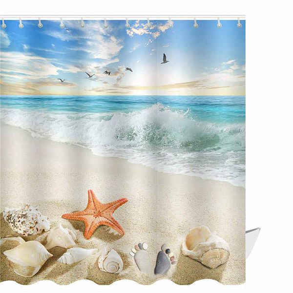 Starfish Beach Theme Shower Curtain Seashell Conch Shell Fabric