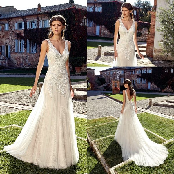 

2019 v neck lace a line wedding dresses tulle lace applique backless sweep train wedding bridal gowns with buttons ek, White