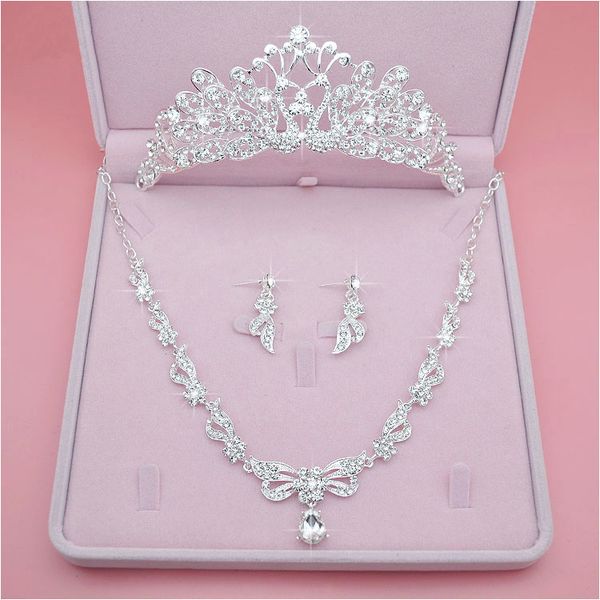 

selling bride crown tiara send box three-piece accessory accessories wedding fashion rhinestones headdress earrings necklace wedding, Slivery;golden