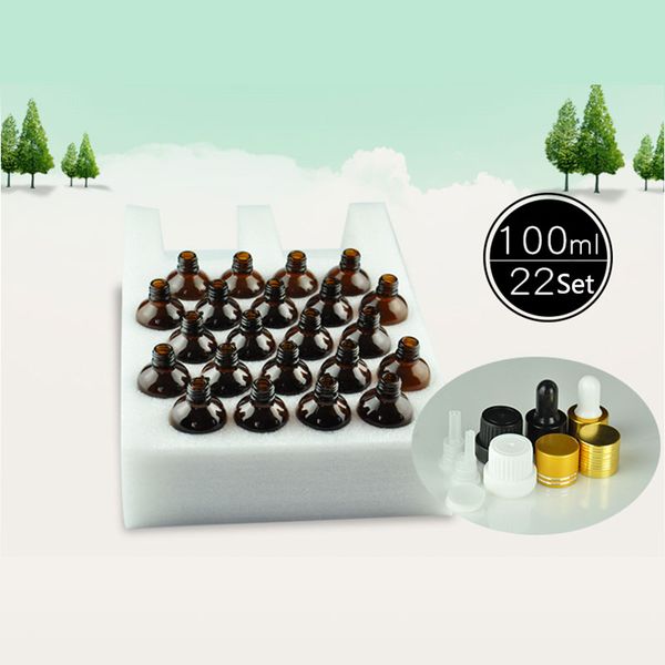 

22pcs safety packaging 100ml refillable amber glass dropper bottle for aromatherapy liquid basic essential massage oil serum