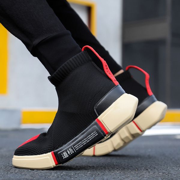 

harajuku men casual chunky sneakers kanye fashion west flying weave high-shoes male spring sock shoes zapatos de hombre, Black
