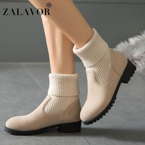 

zalavor women half short boots new winter elastic knitted flats shoes women round toe casual keep warm footwear size 34-43, Black