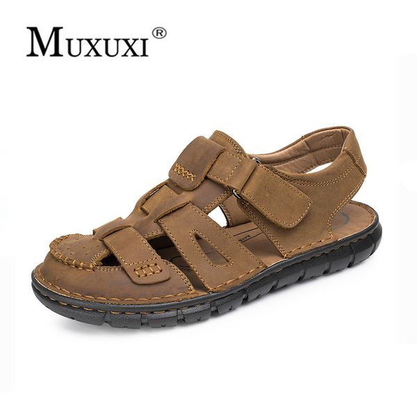 

toe protect men's sandals genuine leather soft sole casual shoes quality outdoor beach shoes all sandals male, Black