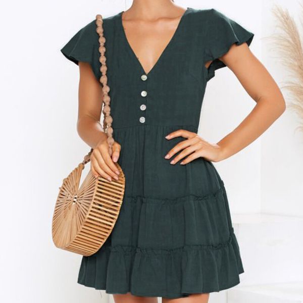 

women casual v neck mini dress short sleeve beach dress short sleeve button evening party dresses women vestidos robe femme, Black;gray