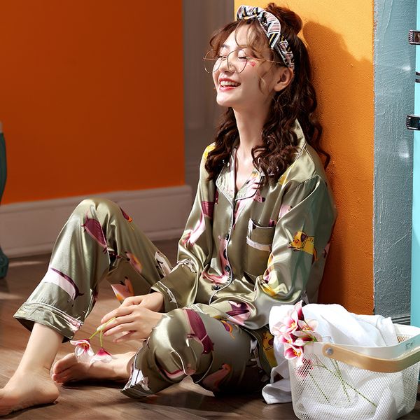 

spring autumn girl cartoon print pyjamas women comfortable silk pajama set long sleeve sleepwear long pant pajamas for women, Blue;gray