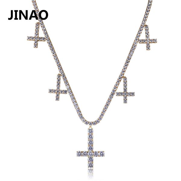 

new hip hop fashion cross pendant necklace tennis chain 22inch five cross gold silver cubic zircon copper chain rock style gift