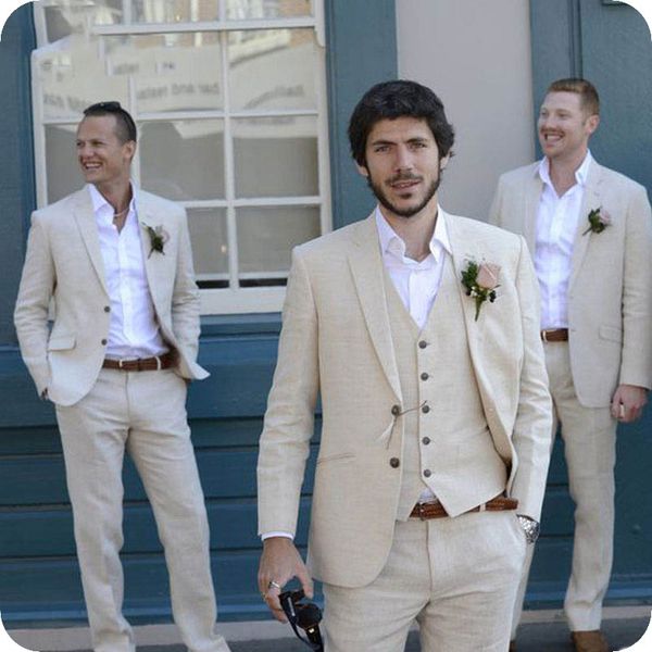 

Latest Coat Pant Designs Ivory Beige Beach Linen Men Suits for Wedding Suit Bestmen Summer Marriage Groom Tuxedo 3 Piece(Jacket+Pant+Vest)