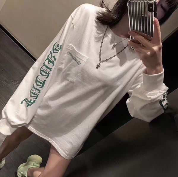 

19s latest chchrome hearts gradient green cross group letter t-shirt women's ch luxury flower arm long sleeve t-shirt s-xl, White