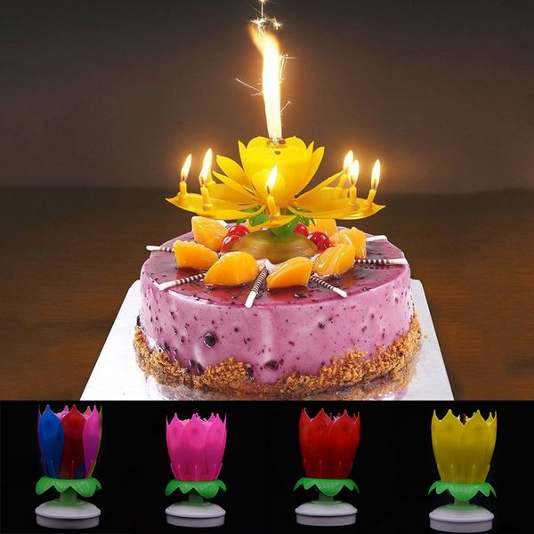

1pc new novelty candle cake er birthday lotus flower decoration rotating double layer