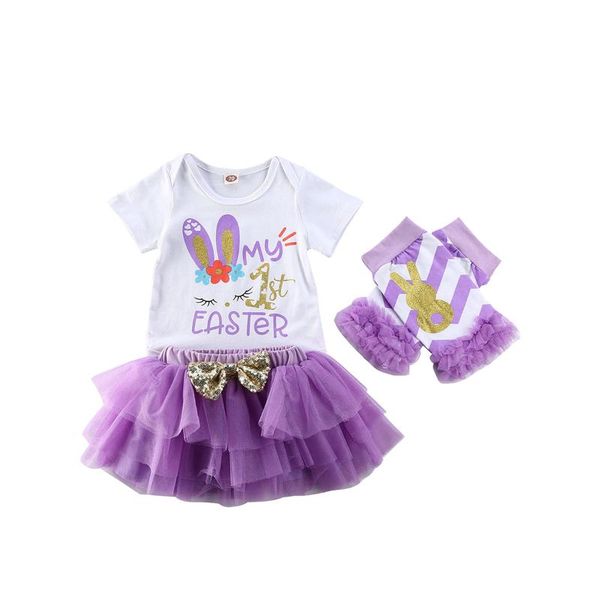 

2020 new summer newborn baby girl my 1st easter outfits clothes romper tutu purple skirts 4pcs set, White