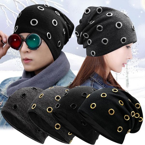 

new women men winter knitted hat metal circle hemming hat wool cap winter women 2020 new autumn faux fur female warm cap