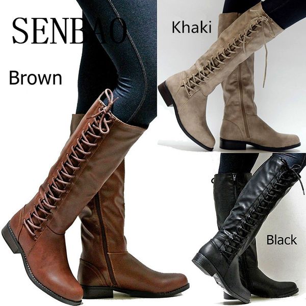 

senbao 2020 brand women winter shoes genuine leather winter long boots knee high boots lace-up motorcycle, Black