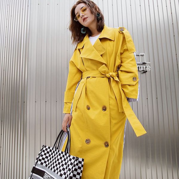 

ftlzz 2019 women windbreaker long coat autumn new style striped stitching yellow winter trench coat female clothes, Tan;black