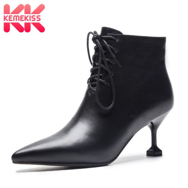 

kemekiss new women's ankle boots genuine leather shoes for women fashion zipper strappy pointed toe high heel boots size 33-40, Black