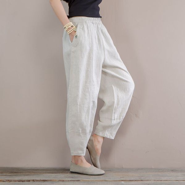 

women summer thin linen pants elastic waist solid color beige pants for female casual ladies vintage trousers, Black;white