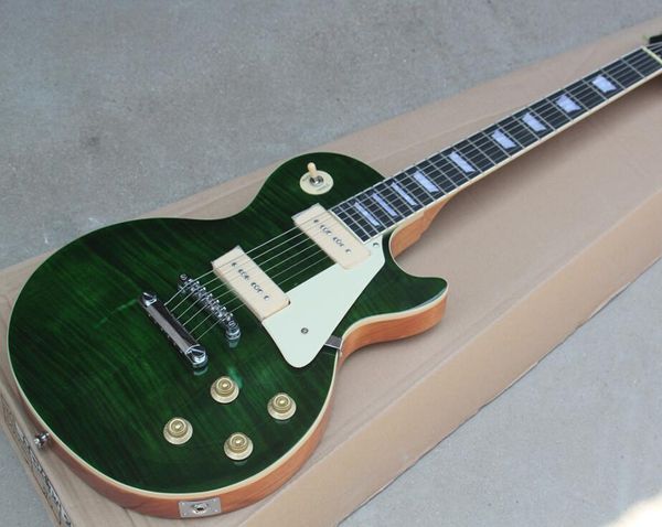 

бесплатная доставка завод гитара пользовательские зеленый electric с chrome оборудований, flame maple шпон, one piece mahogany шеи и тела