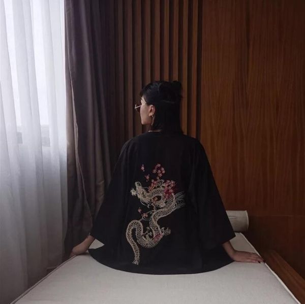 

couple embroidery coat kimono summer three quarter sleeve cardigan kimono woman man loose thin outer garment, Red