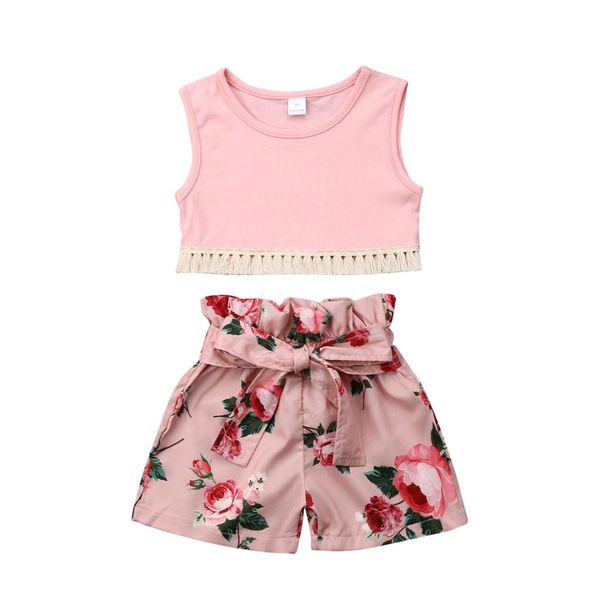 

2019 summer toddler kids baby girl sleeveless tassel tank high waist floral shorts pant 2pcs girls clothing set, White