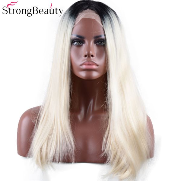 Long Straight Bleach Blonde Wig Synthetic Ombre Black To Light