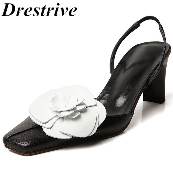 

drestrive women sandals flower 2020 summer cow leather thick heels 7 cm square toe sweet dress female high heel shoes black