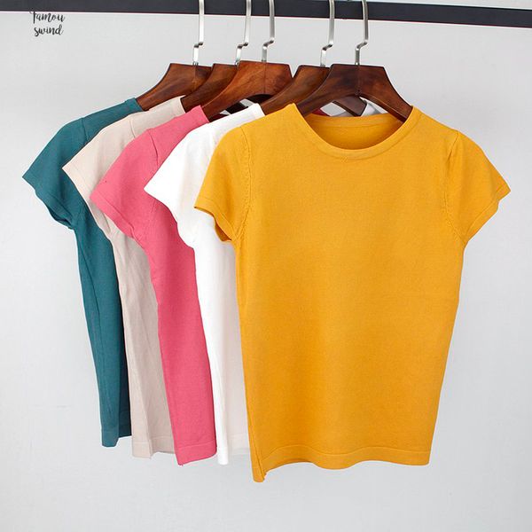 

summer tshirt cap sleeve knitted women t shirt high elasticity o neck tee sleeves short shirt breathable female drop shipping, White