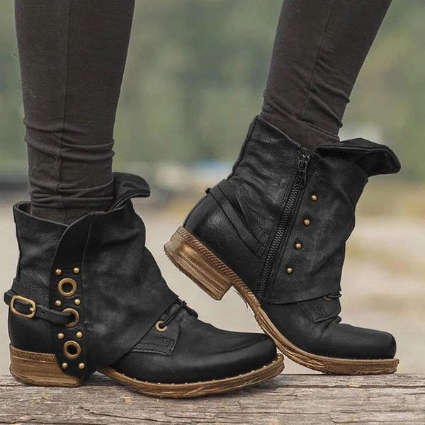 

western cowboy boots leather retro leather square heel side zipper buckle motorcycle ankle booties large size 43 casual shoes, Black