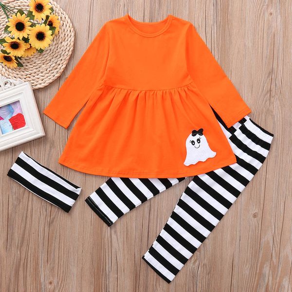 

3pcs (dress+pants+headbands ) fashion festival set toddler baby girls ghost dresses striped pants halloween costume outfits set, White