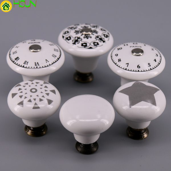 2 PCS Pastoralismo Branco Botão De Cerâmica Estrela Relógio De Flor Impressão Armário de Cozinha Armário Porta Botão de Porta e Handles Knob Knob Knob puxar