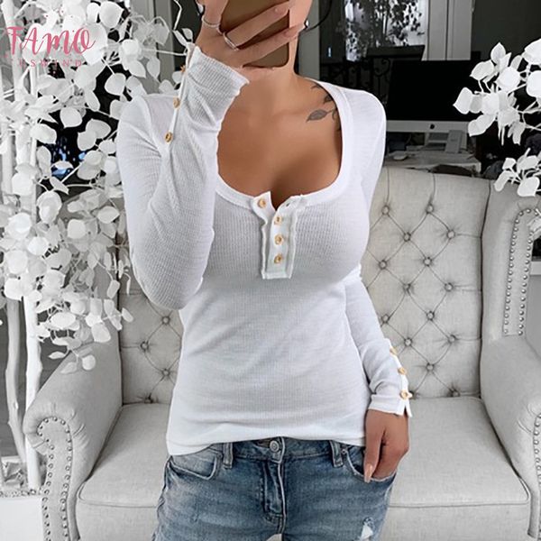 

plus size button fashion solid buttons bottom blouse casual winter ladies slim v neck women long sleeve shirt blusas pullover, White