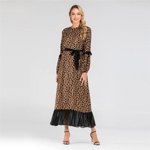 

ethnic clothing women chiffon leopard printed abaya lace up waist long sleeve dress plus size kaftan ramadan eid gown dubai muslim robe vkdr, Red