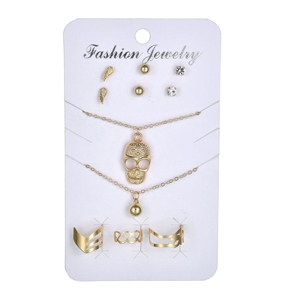 

8 pair/set new zinc alloy skull wing charm pendant necklace ring and earrings for women punk jewelry sets n1204, Silver